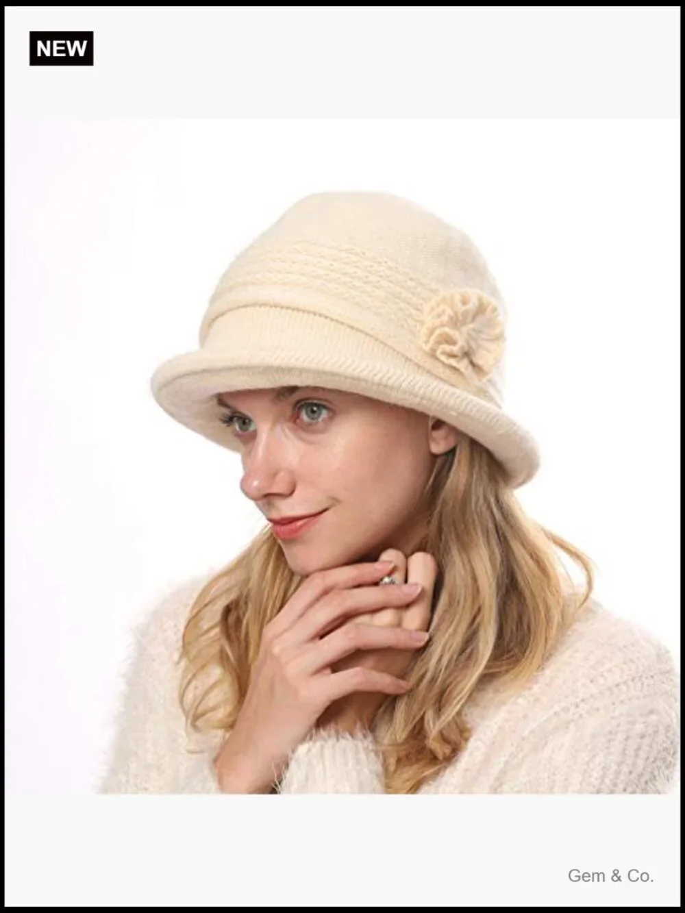 Women's Knit Cloche Bucket Hat - Vintage Floral Design, Stretchy Wool